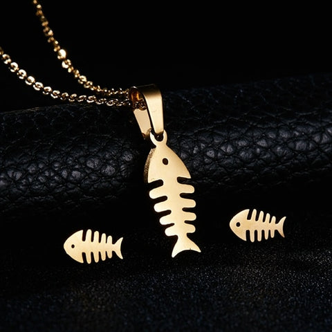 RINHOO Fish Horse Wing Rose Flower Gold Color Stainless Steel Sets For Women Necklace Earrings Jewelry Set Wedding Jewelry